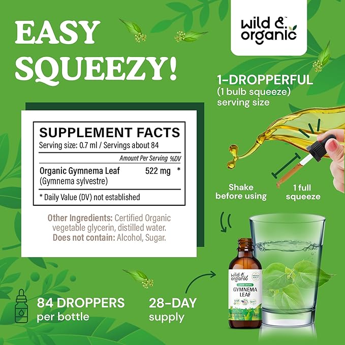 Wild & Organic Gymnema Sylvestre Extract Drops - Sugar-Free Gymnema Supplement for Overall Support - Gurmar Leaf Extract Tincture - Vegan, Alcohol-Free Liquid Drops - 2 fl oz