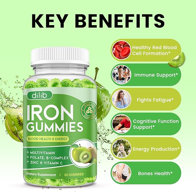 Iron Gummies with Multivitamin, Iron Supplement for Women & Men with Zinc, Vitamin B Complex & C, B12, Folate - Blood Builder & Energy Support for Adults & Kids - Green Apple & Kiwi Filled Gummies