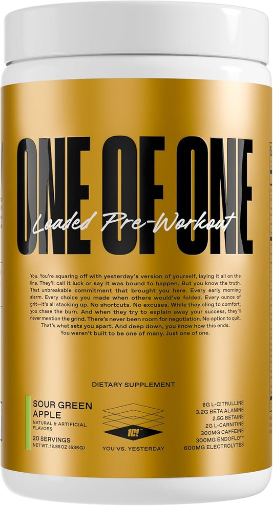 ONE of ONE Loaded Pre-Workout – High-Stim Energy, Focus & Endurance with EndoFlo™, Genius Pure™ Alpha GPC, NeuroRush™, Dynamine®, No Crash, Gluten Free – Sour Green Apple