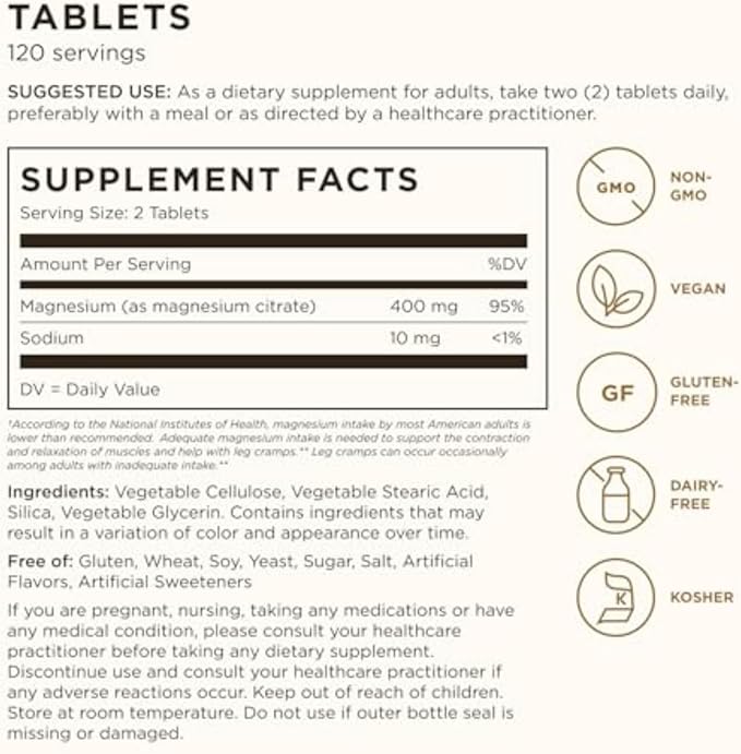 Solgar Magnesium Citrate, 120 Tablets - Promotes Healthy Bones - Supports Nerve & Muscle Function - Non GMO, Vegan, Gluten Free, Dairy Free, Kosher - 60 Servings, Standard Packaging