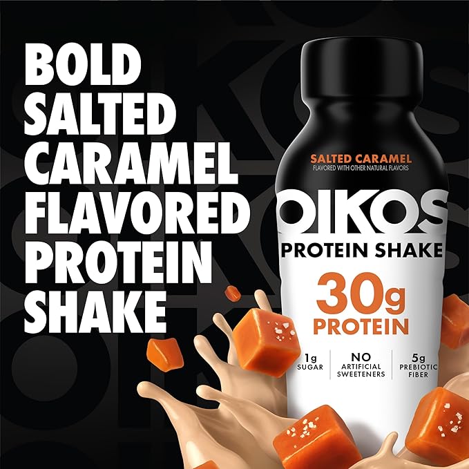 Oikos Protein Shake, Salted Caramel, 30g High Protein Drinks, Shelf Stable, Ready to Drink, 5g Prebiotic Fiber, 12 fl oz Bottle, 4 Count