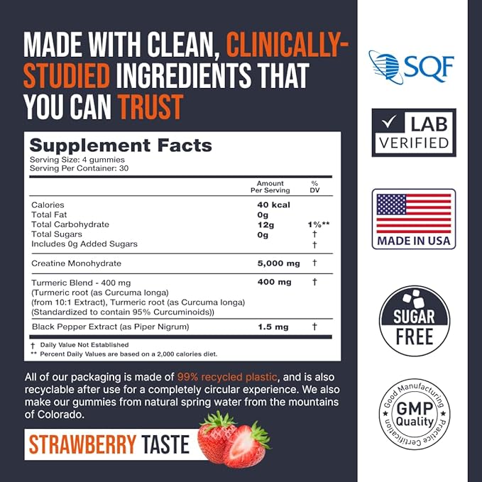 Creatine Monohydrate Gummies 5000 mg, Strawberry Flavor, 120 Sugar-Free Vegan Chews, Creatine Supplement for Daily Routine, Pack of 2