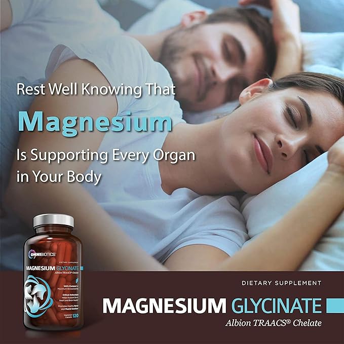 OmniBiotics Magnesium Glycinate Supplement – with 100% Pure Albion TRAACS Bisglycinate Chelate for Sleep, Muscle, Nerve & Heart Health – 120 Vegan Capsules
