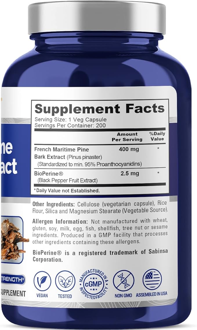 NusaPure French Maritime Pine Bark Extract 400mg per Veggie Caps 200-Day Supply Bioperine Non-GMO Vegan