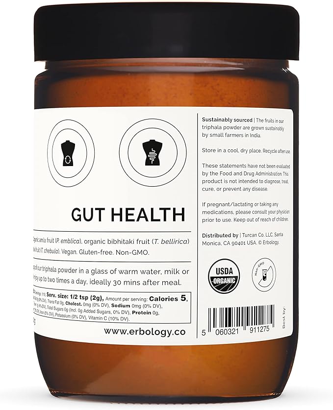 Erbology Organic Triphala Powder 3.2 oz - 45 Servings - Ayurvedic Blend of Amla, Haritaki and Bibhitaki - Gut Health - Sustainably Sourced Straight from Farm in India - Small Batch - Vegan - GMO-Free
