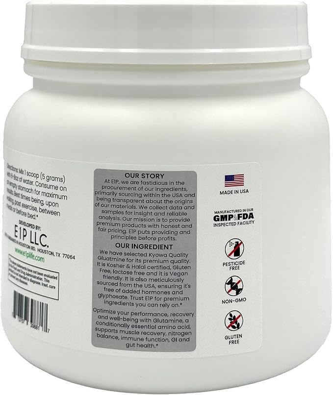 L-Glutamine 600grams (120 Servings) Unflavored, Non-GMO, Vegan Fermented, Third-Party Lab Tested. Made with Halal and Kosher Certified Ingredients.