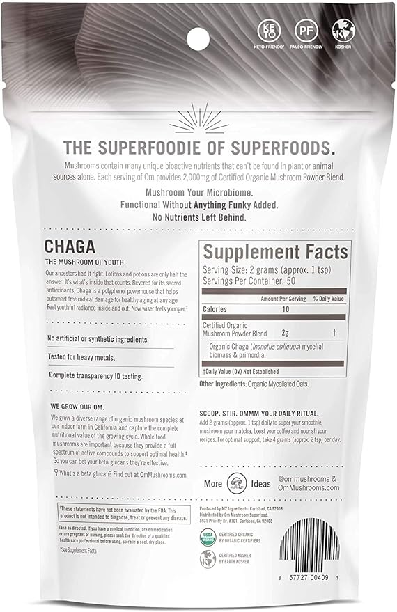 OM MUSHROOM SUPERFOOD Chaga Organic Mushroom Powder, 3.5 Ounce, 50 Servings, US Grown, Sacred Antioxidants & Immune Support, Superfood Mushroom Supplement