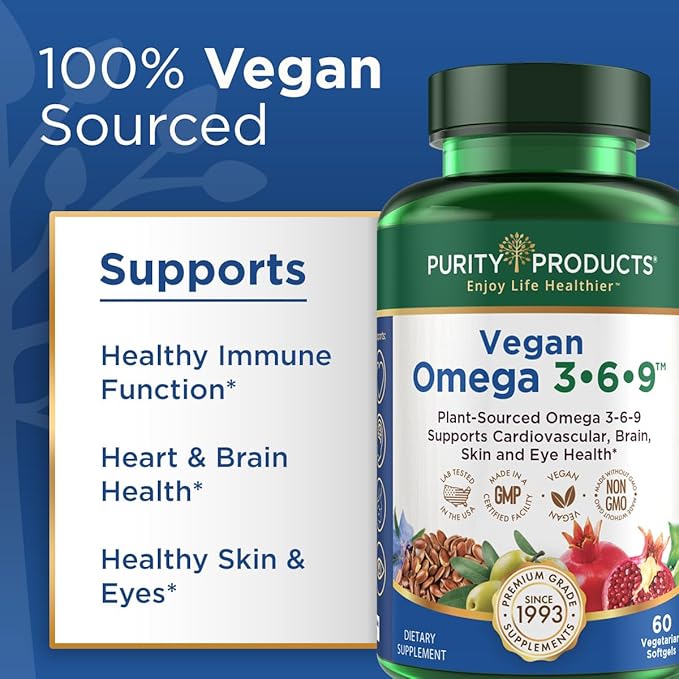 Purity Products Bundle - Vegan Omega 3-6-9 + B-12 Energy Melt Omega 3-6-9 (“5 in 1” Plant-Based Omega 3 6 9 Essential Fatty Acid Complex) - B12 Berry Melt (Methylcobalamin B12 + B6 + D3 + More)
