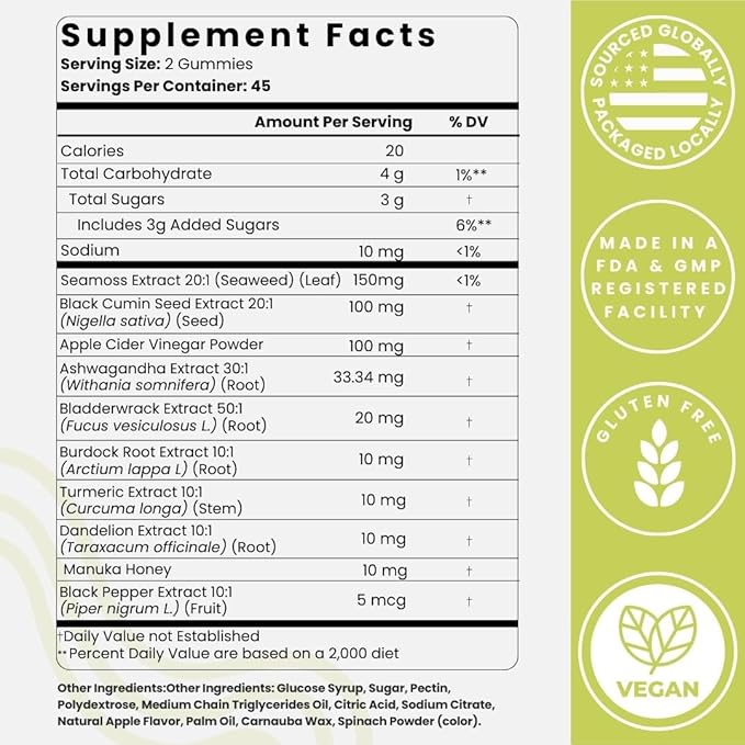 Optimal Prime Sea Moss and Black Seed Oil Gummies, Ashwagandha, Turmeric, Manuka Honey, ACV, Dandelion, Black Pepper, Burdock, Bladderwrack, Vegan, 90 Gummies 45 Day Supply