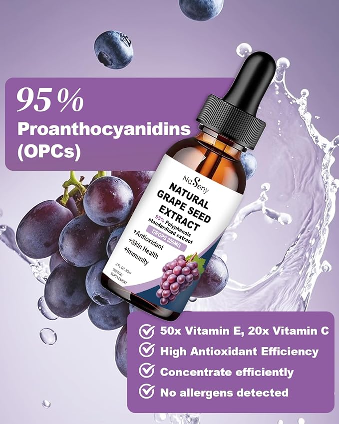 Grape Seed Extract Liquid Drops Standardized to 95% Polyphenols-300 mg Grape Seed Maximum Strength Standardized Tincture, High Absorption Liquid Vitis Vinifera Extract Drops -Non-GMO (2 Bottles)