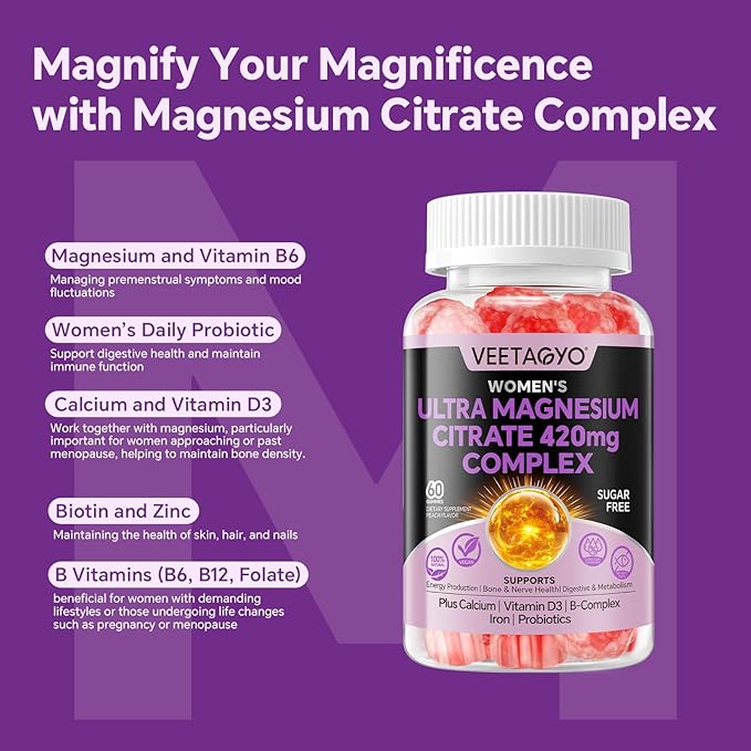 Magnesium Citrate Gummies 420mg for Adult - Dual Layer - w/10 Billion CFU - 5 Strains Probiotics & Calcium, D3, Biotin, Iron, B6, B12, Folate, Support for Bone, Nerve, Relaxation, Muscle - Vegan 60Cts