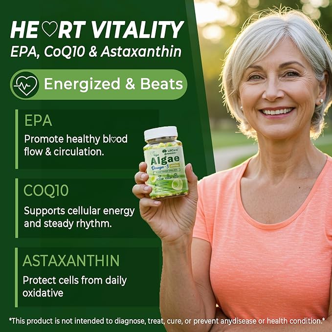 Omega 3 Gummies 2200mg from Algae Oil (DHA 640mg & EPA 290mg) for Women & Men, Vegan Omega 3 Fish Oil Alternative, w/CoQ10, Astaxanthin, Vitamin A, E, D3 for Brain, Eye, Antioxidant,Sugar Free 2Packs