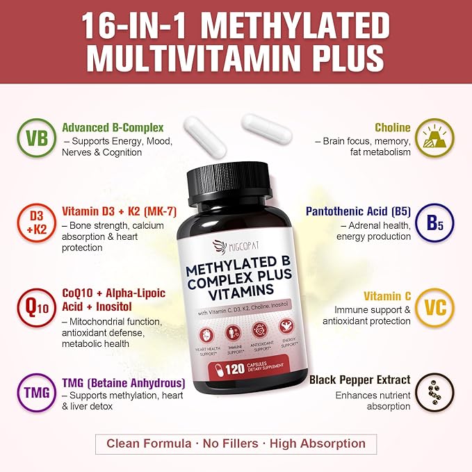 16-in-1 Methylated Multivitamin Plus, Methylated B Complex with Vitamin B12 & Methylfolate, B1-B7, CoQ10 & Alpha Lipoic Acid, Vitamin B Complex for Energy, Brain, Heart, Immunity &Antioxidant,120 Caps