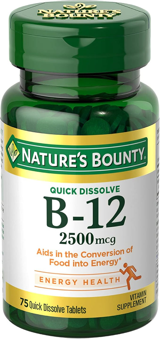 Nature's Bounty Vitamin B12 2500 mcg, Cellular Energy Support, for Energy Metabolism, Heart & Nervous System Health, 75 Quick Dissolve Tablets