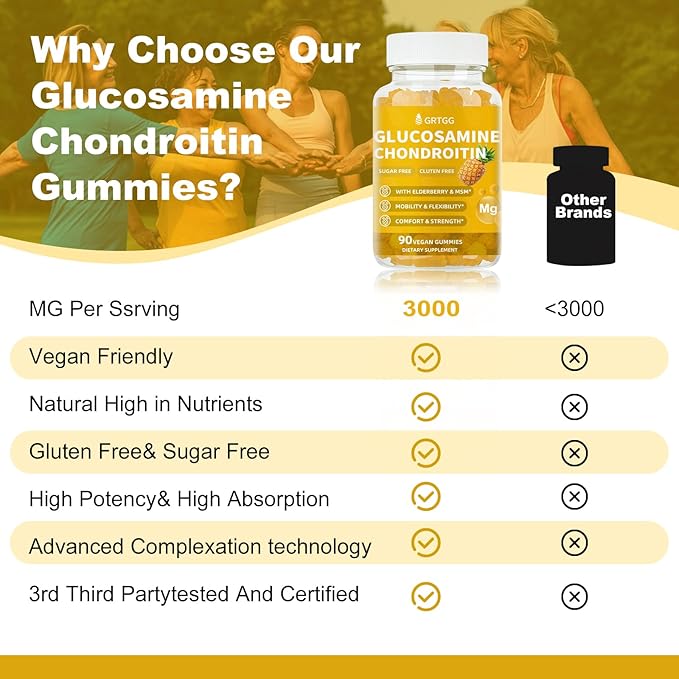 Glucosamine Chondroitin Gummies with MSM & Elderberry Extra Strength 3000MG - Joint Support, Antioxidant Immune Support Supplement for Adults, Men & Women - 90 Pineapple Gummies