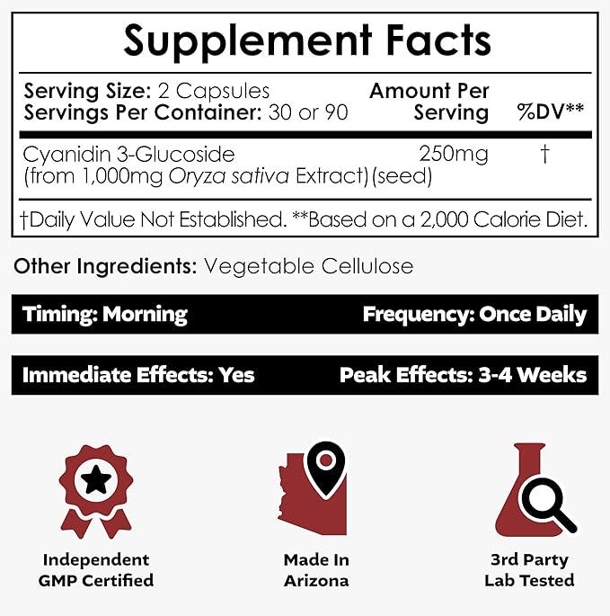 Nootropics Depot Cyanidin 3-Glucoside Capsules | 125mg | 60 Count | Black Rice Extract | C3G | Oryza Sativa | Metabolic, Vision, & Cognitive Support