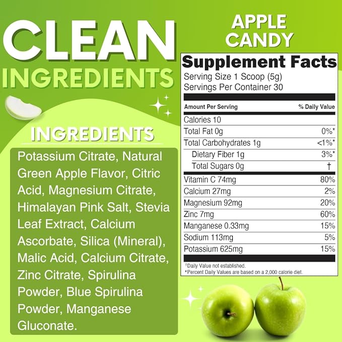Zero Sugar - Apple Candy Electrolytes Powder - Refreshing Hydration - Caffeine Free Energy with All Natural Ingredients - Vegan, Keto, and Paleo - Sugar Free Electrolytes Drink Mix - with 30 Servings