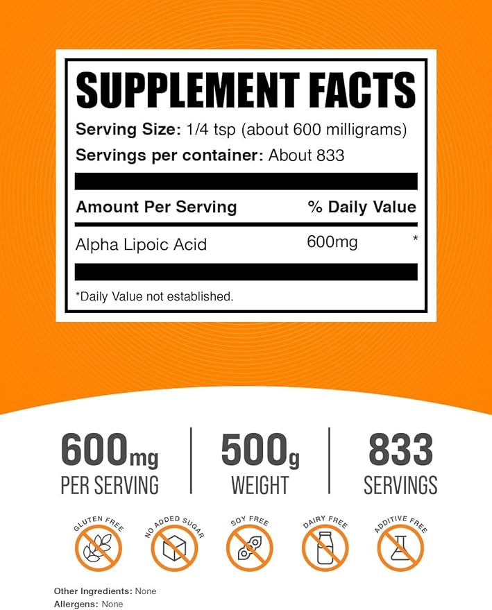 BulkSupplements.com Alpha Lipoic Acid Powder - ALA Supplement, Antioxidant Supplement - Gluten Free, 600mg per Serving, 500g (1.1 lbs) (Pack of 1)