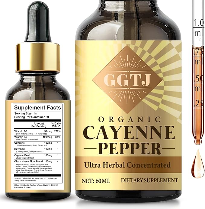 Cayenne Pepper Drops, Liquid Supplement with Cayenne Pepper, Hawthorn Berry, Vitamin D3 K2, Beet Root, Ceylon Cinnamon & Turmeric for Digestive & Immune Support, 2 oz