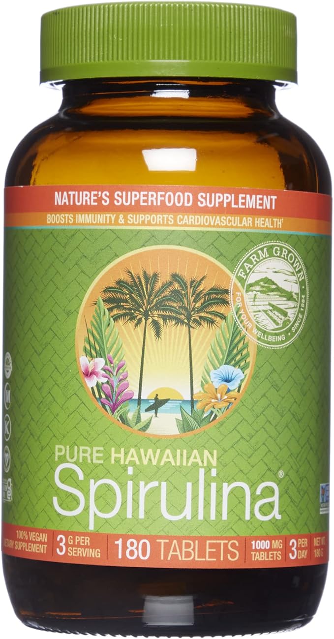 Nutrex Hawaii, Pure Hawaiian Spirulina - 1000 mg Tablets - Hawaiian Grown Natural, Nutrient Rich Superfood - Immune Support, Detox & Energy – Vegan Complete Protein, Non-GMO, Original, 180 Count