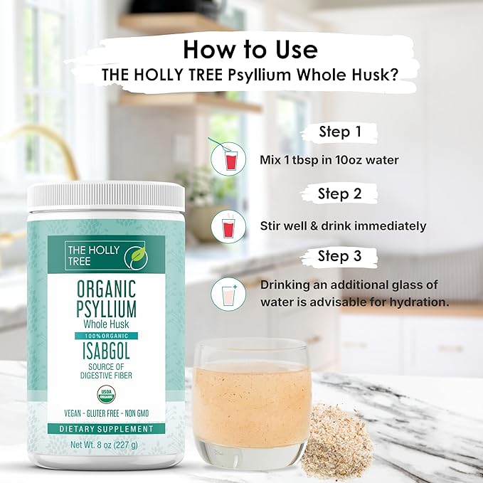 Psyllium Husk Powder Organic 8 oz - Isabgol - Whole Psyllium Husk Fiber Supplement for Digestive Health & Regularity - Gluten-Free, USDA Organic, Kosher