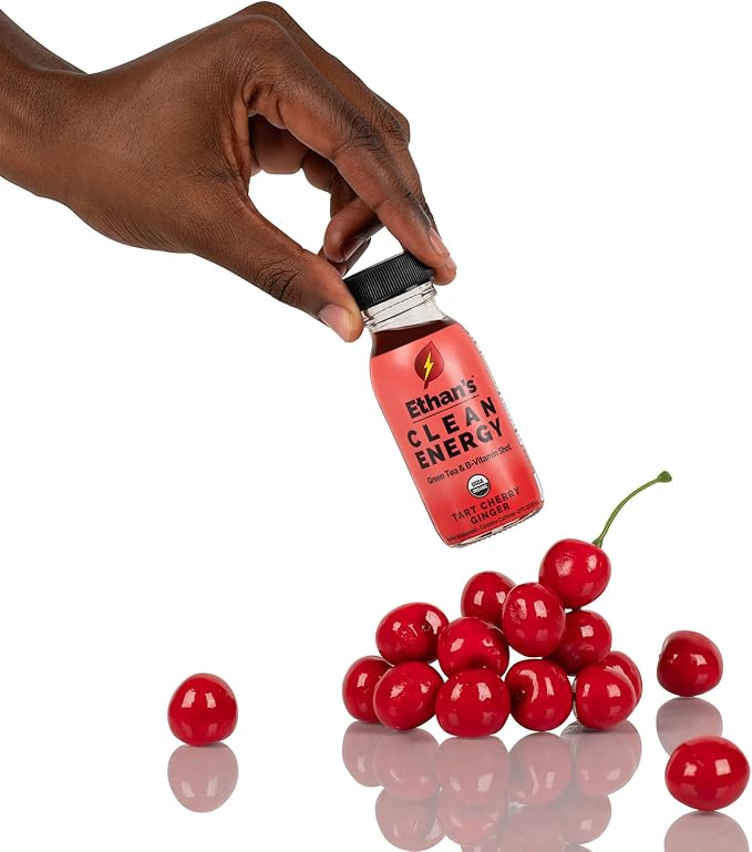 Ethan's Organic Clean Energy Shots Tart Cherry Ginger, Sugar Free Natural Pre-Workout Focus Boost, Gluten Free, Vegan, B6 & B12 Vitamin C with Green Tea Extract and Guayusa (12 Pack of 2oz Shots)