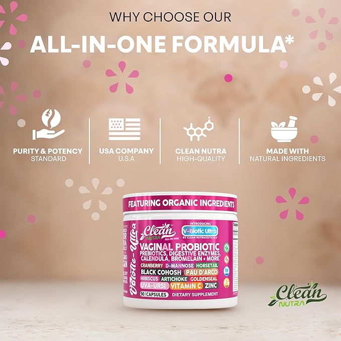 Clean Nutra Vaginal Probiotics for Women + Prebiotics Digestive Enzymes Bromelain Cranberry D Mannose Horsetail Black Cohosh Artichoke Hibiscus Flowers Probiotic for Digestive Health 90 Vegan Capsules