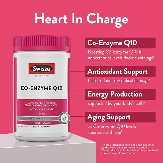 Swisse CoQ10 Supplement Co-Enzyme Q10 | 6 months Supply| Coenzyme Q10 Supports Heart Health and Ubiquinol Cellular Energy Production | CQ10 Antioxidant Support| Co Q 10 Supplement 135mg | 180 Softgels