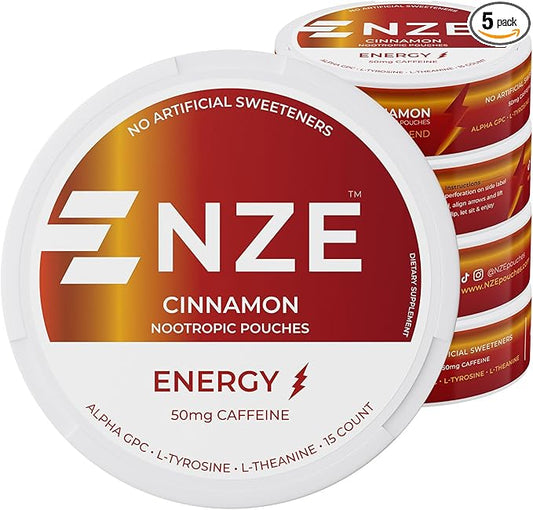 NZE Caffeine Nootropic Pouches (Cinnamon) - Energy Pouches with 50mg Caffeine, Alpha GPC, L-Tyrosine & L-Theanine with No Sugar or Artificial Sweeteners - 15 Nicotine Free Pouches Per Can - 5 Pack