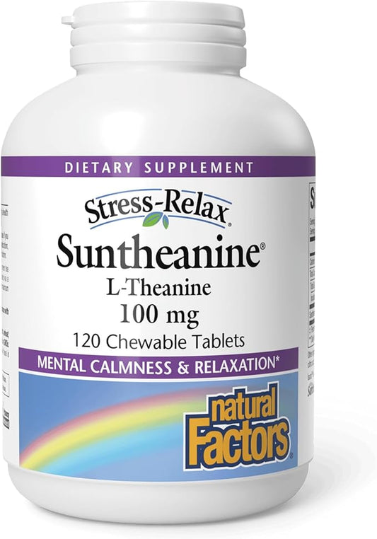 Natural Factors Stress-Relax Chewable Suntheanine L-Theanine 100 mg, Non-Drowsy Stress Support for Mental Calmness and Relaxation, Tropical Fruit Flavor, 120 Tablets