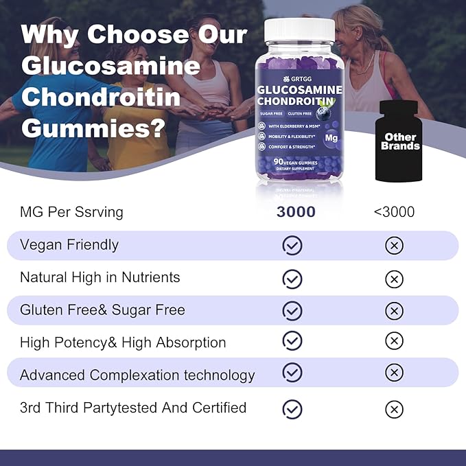 Glucosamine Chondroitin Gummies with MSM & Elderberry Extra Strength 3000MG - Joint Support, Antioxidant Immune Support Supplement for Adults, Men & Women - 90 Blueberry Gummies