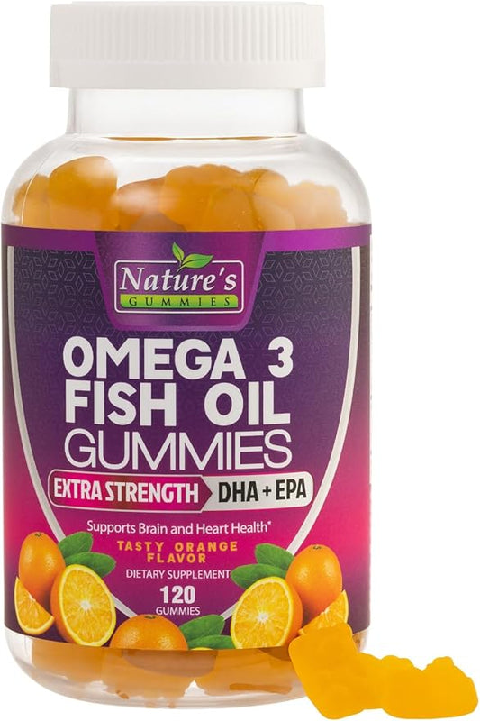 Omega 3 Fish Oil Gummies Triple Strength Vitamin - DHA & EPA with Fatty Acids for Heart Health, Joint, Brain Support Fish Oil Omega-3 Supplement Nature's High Absorption Orange Flavor Gummy, 120 Count
