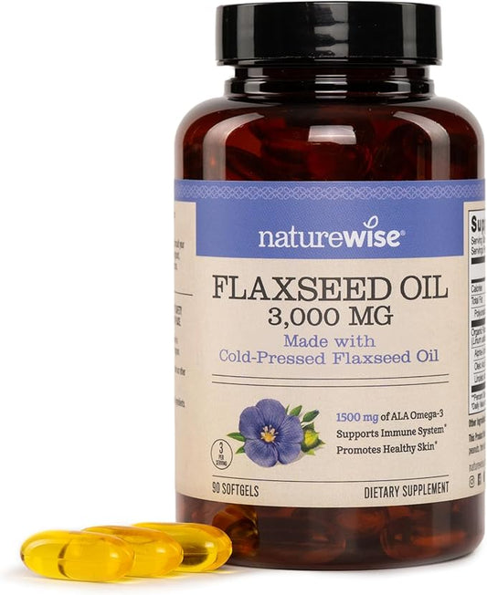 NatureWise Flaxseed Oil 3000 mg, Fish Free Omega 3 with 1500 mg ALA, Dietary Supplement for Immune Health Support - Organic, Cold Pressed, Non-GMO - 90 Softgels[30-Day Supply]