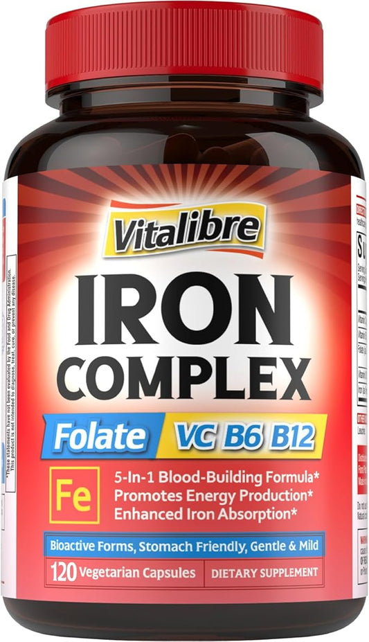 Iron Supplement for Women & Men, with Vitamins C, B6, B12 & Folate for Iron Deficiency, Blood Building & Energy Support, Stomach Friendly, Better Absorption, Non-GMO,No Gluten,120 Vegan Caps