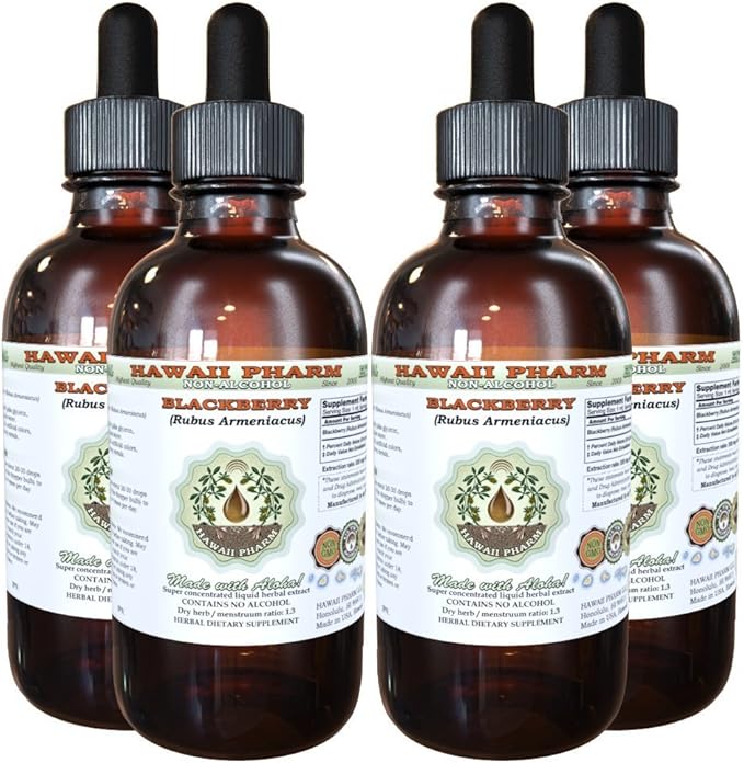 BlackBerry Alcohol-Free Liquid Extract, BlackBerry (Rubus Armeniacus) Root Glycerite Hawaii Pharm Natural Herbal Supplement 4x4 oz