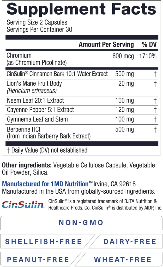 1MD Nutrition - Cinnamon bark 10:1 Water Extract, Chromium, Neem Leaf, Berberine, Cayenne Pepper 5:1 Extract, Lion's Mane, Gymnema Leaf and Stem - 60 Capsules