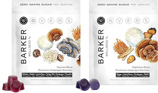 Barker Wellness Daytime & Nighttime Mushroom Gummies Bundle - Sugar-Free, Vegan with Reishi, Lion's Mane, Cordyceps - Focus, Energy, Relaxation & Sleep Support - 120 Count