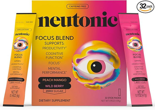 Neutonic Nootropic Focus Blend Powder | Peach Mango & Wild Berry 32 Sticks | Caffeine Free, Zero Sugar | Support Memory, Mental Clarity, Cognitive Function | Boost Focus, Energy, Brain Health