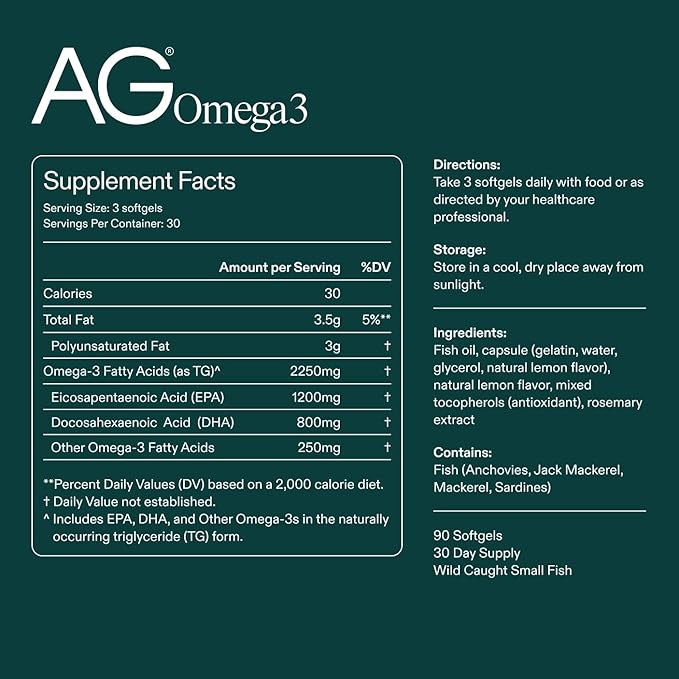AG1 Omega 3 Fish Oil Softgels – 2000mg EPA & DHA from Wild-Caught Fish, Supports Heart, Brain & Joint Health | 90 Capsules | Athletic Greens Supplement