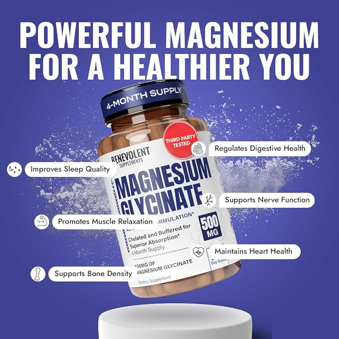 Magnesium Glycinate 500mg - Chelated & Buffered High Absorption Magnesium Supplement to Support Stress Relief, Digestion, Bone, Sleep, Nerves & Muscle Health - Made in USA - 120 Vegan Capsules