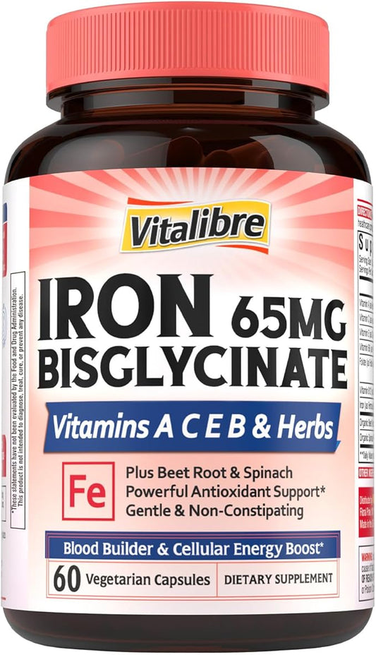 Iron Supplement for Women and Men, Iron Bisglycinate, 65mg Elemental Iron, Non-Constipating, Plus Blood Builder Vitamins C B6 B12 Folate & Beet Root, Energy Support, Blood Health, 60 Caps