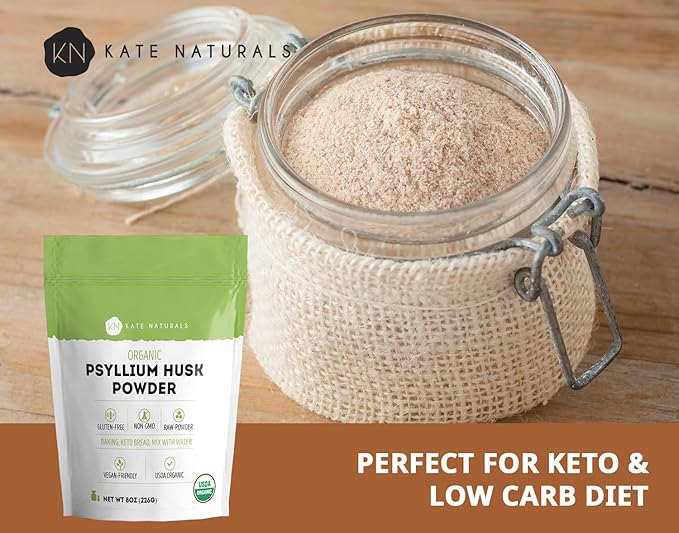 Kate Naturals Psyllium Husk Powder for Baking, Fiber. Psyllium Seed Powder for Dogs & Cats (8oz, Organic, Gluten Free, Pet Safe)