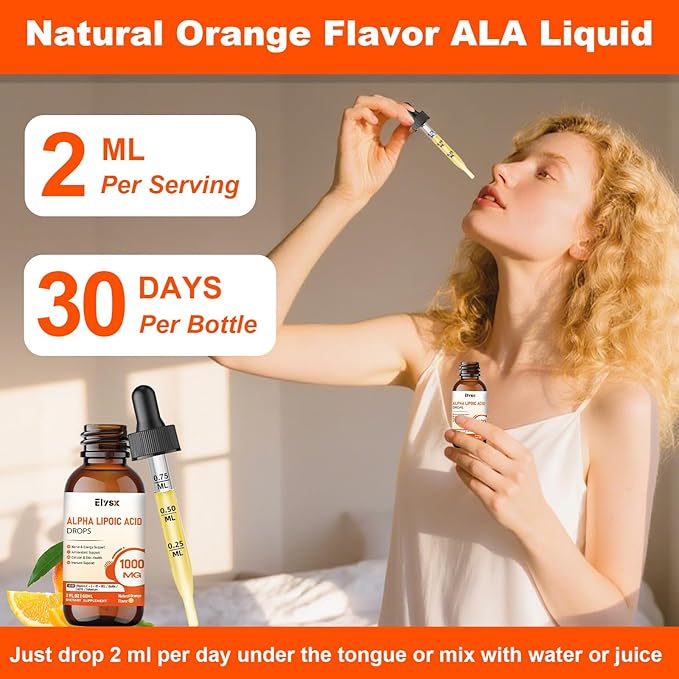 Alpha Lipoic Acid Liquid Drops 1000mg, ALA Supplement for Nerve and Antioxidant Support with Biotin, Natural Orange Flavor, 2FL OZ