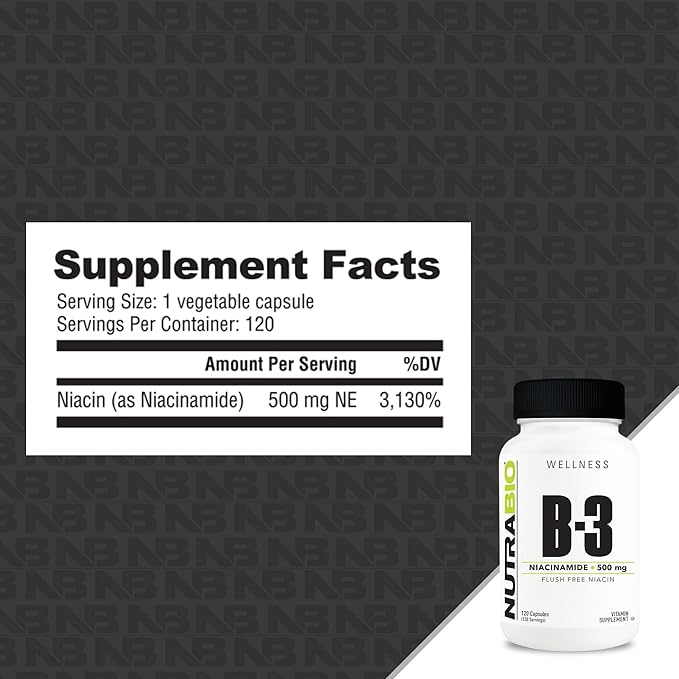 NutraBio Niacinamide Supplement for Normalized Blood Lipids, Better LDL & HDL Levels, Flush Free Vitamin B3, 500mg - 120 Vegetable Capsules