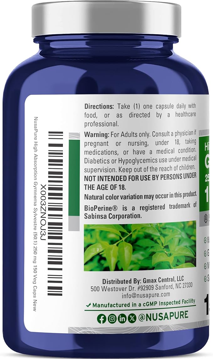 NusaPure Gymnema Sylvestre 50:1 Extract, 250 mg Equivalent to 12,500mg Per Vegan Caps - 150 Count (Non-GMO, Vegan, Bioperine)