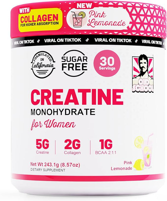 Old School Labs 5000mg Creatine Monohydrate Powder, Optimized Creatine for Women +2000mg Collagen +1g BCAA 2:1:1 Supports Lean Muscles & Recovery, Energy & Stamina - 30 Servings, Pink Lemonade