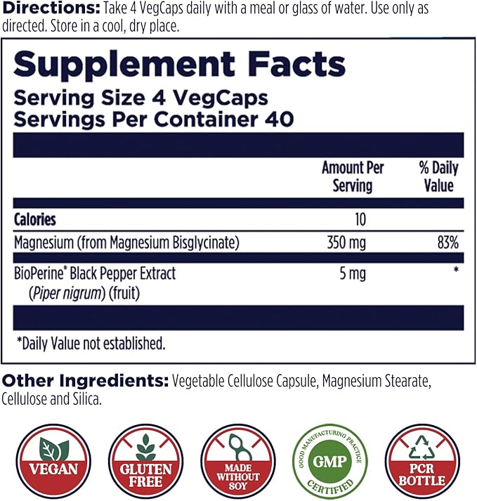 KAL Magnesium Glycinate Capsules, Fully Chelated Magnesium Bisglycinate, High Absorption Magnesium Supplement, Healthy Bones, Muscle, Relaxation and Stress Support, Non-GMO 160 count