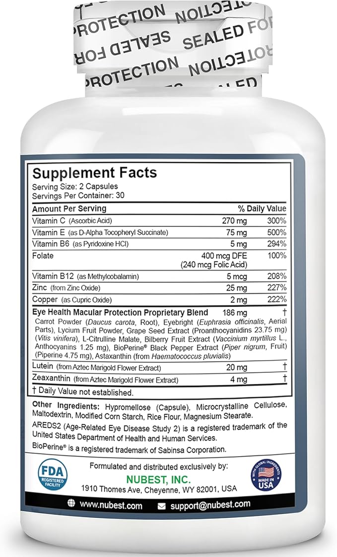 NuBest AREDS 2 Eye Vitamins with Beta Carotene Carrot Powder, 20mg Lutein, 4mg Zeaxanthin, Bilberry, Grape Seed, BioPerine, B-Complex, Multivitamin for Eye Health | 60 Vegan Capsules | 1 Month Supply