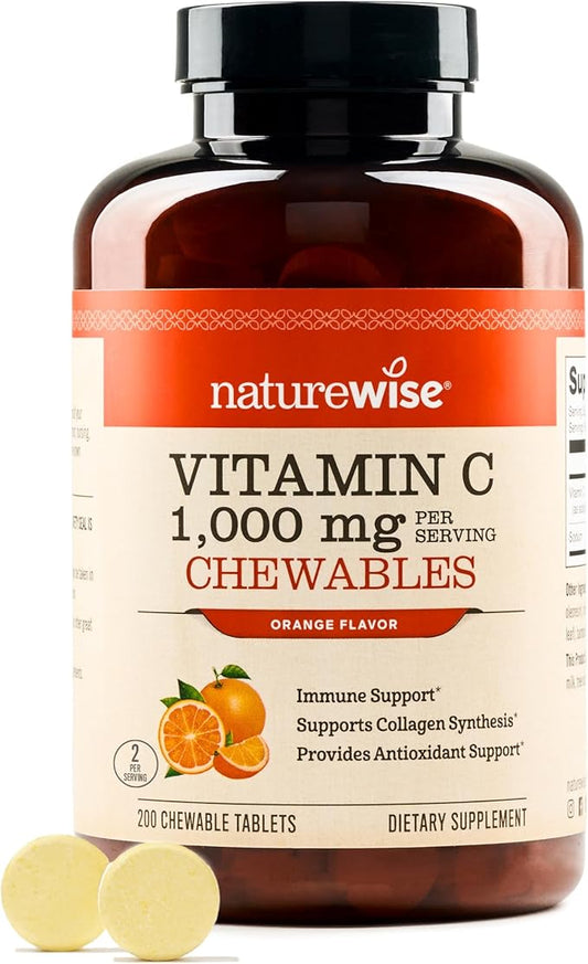 NatureWise Extra Strength Vitamin C Chewable 1000mg for Adults - Natural Orange Flavor - Immune System & Antioxidant Support - Non-GMO, Vegan & Sugar Free - 200 Chewable Tablets[100-Day Supply]
