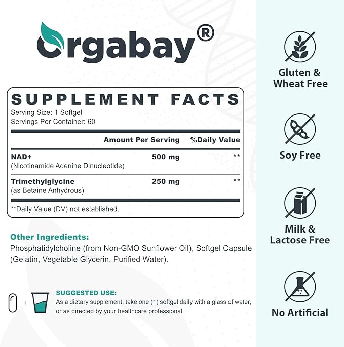 Orgabay Liposomal NAD+ Supplement 500 mg, High Absorption, Boost NAD+ with TMG 250 mg, Actual NAD Plus More Efficient Than Nicotinamide Riboside, Support Cellular Energy, Healthy Aging | 600 Softgels
